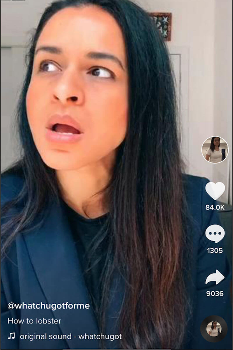 Sarah Cooper's video on how to lobster. she is one of Toast's  favourite TikTok accounts for 2020
