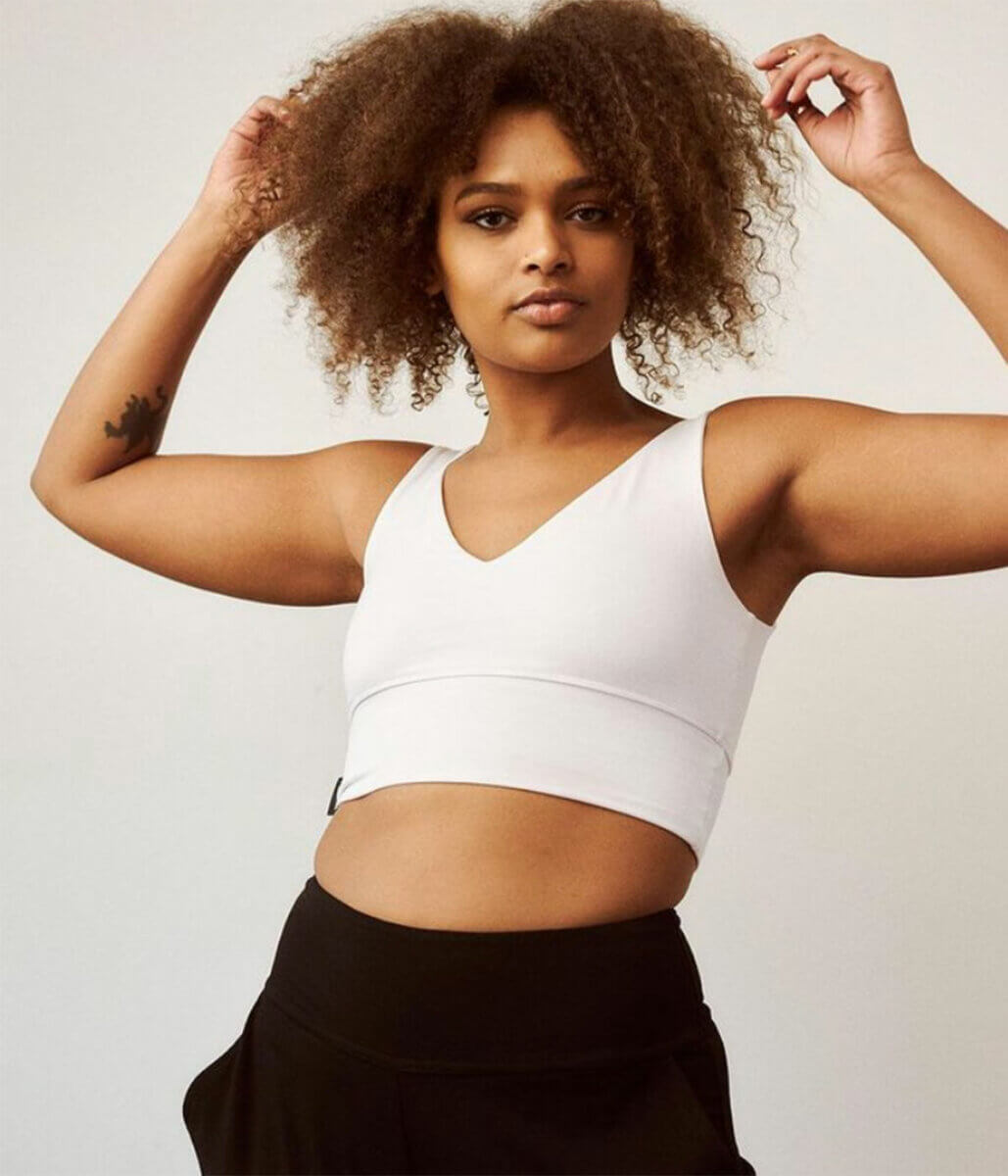 Celebrating ethical Canadian brands like Free Label, and a model is showing the White Andie Bra
