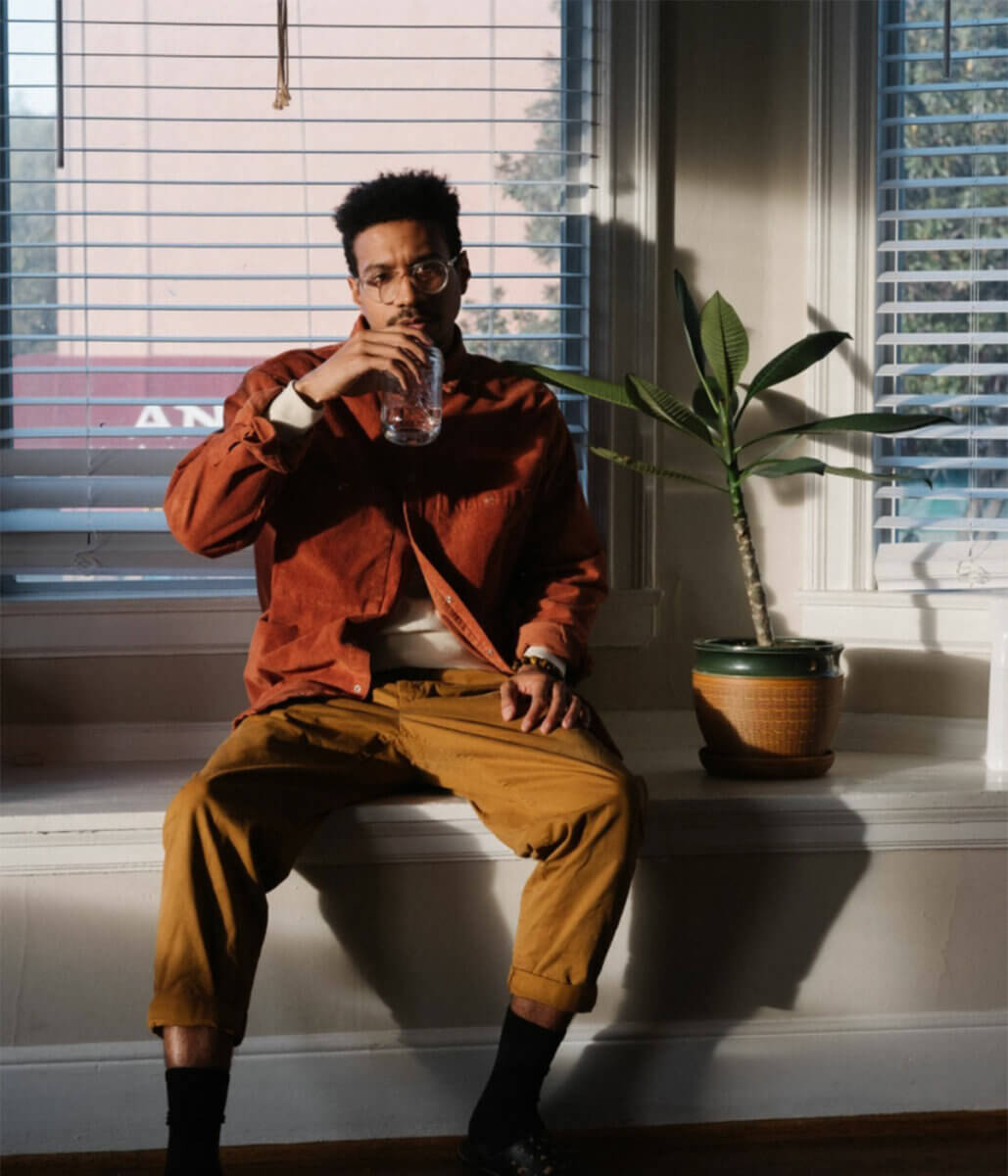 Celebrating ethical Canadian brands, young man wearing The Work Shirt in bronze