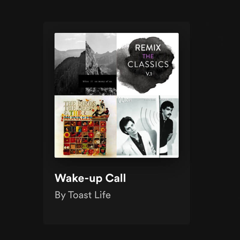 Wake-up Call is one of Toast Life's playlists for every mood, showing the covers of four artists among the many
