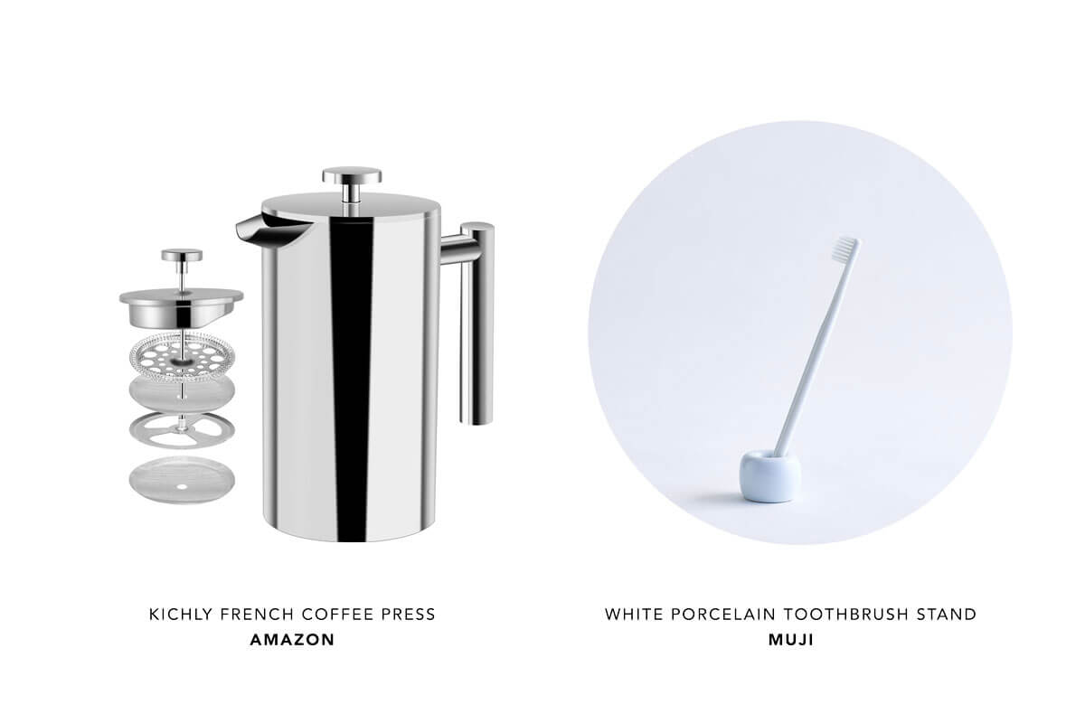 Kichly French Amazon Coffee Press from Amazon and a white porcelain toothbrush stand by Muji, part of the ultimate nomad packing list