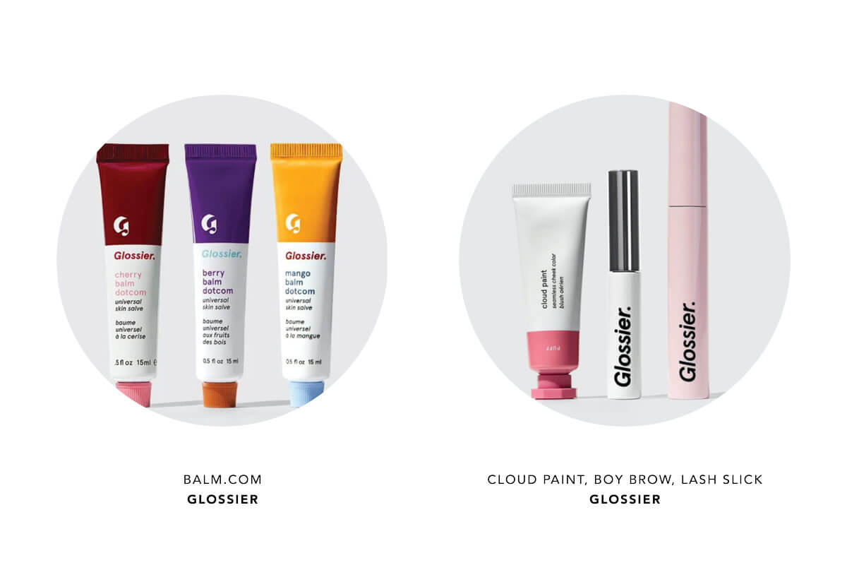 3 tubes of balm.com by Glossier plus one of each Cloud Paint, Boy Brow and Lash Stick by Glossier, essentials in the ultimate nomad packing list