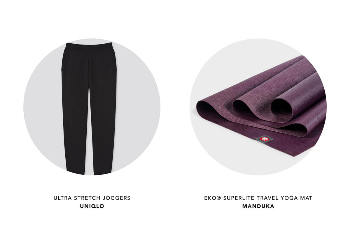 a pair of black ultra stretch joggers by Uniqlo and an Eko Superlite Travel Yoga Mat by Manduka
