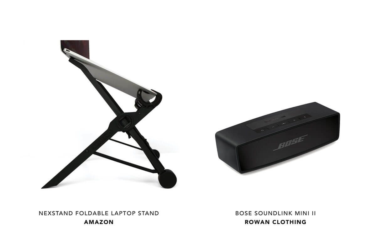 A Nexstand foldable laptop stand from Amazon plus a Bose Soundlink Mini II from Rowan Clothing