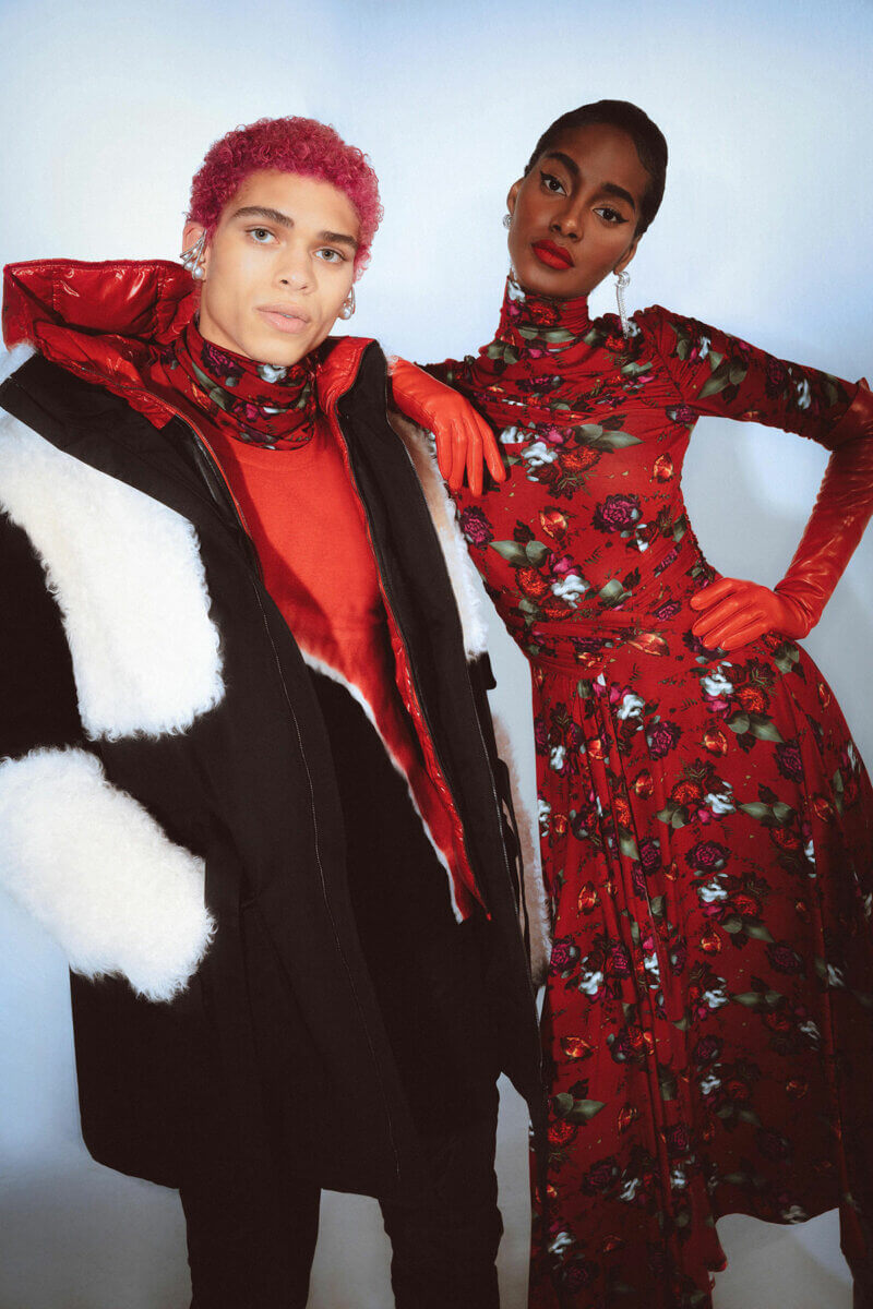 Two models in red, black and white pre-fall 2021 fashion collections, Prabal Gurung Fall21 RTW