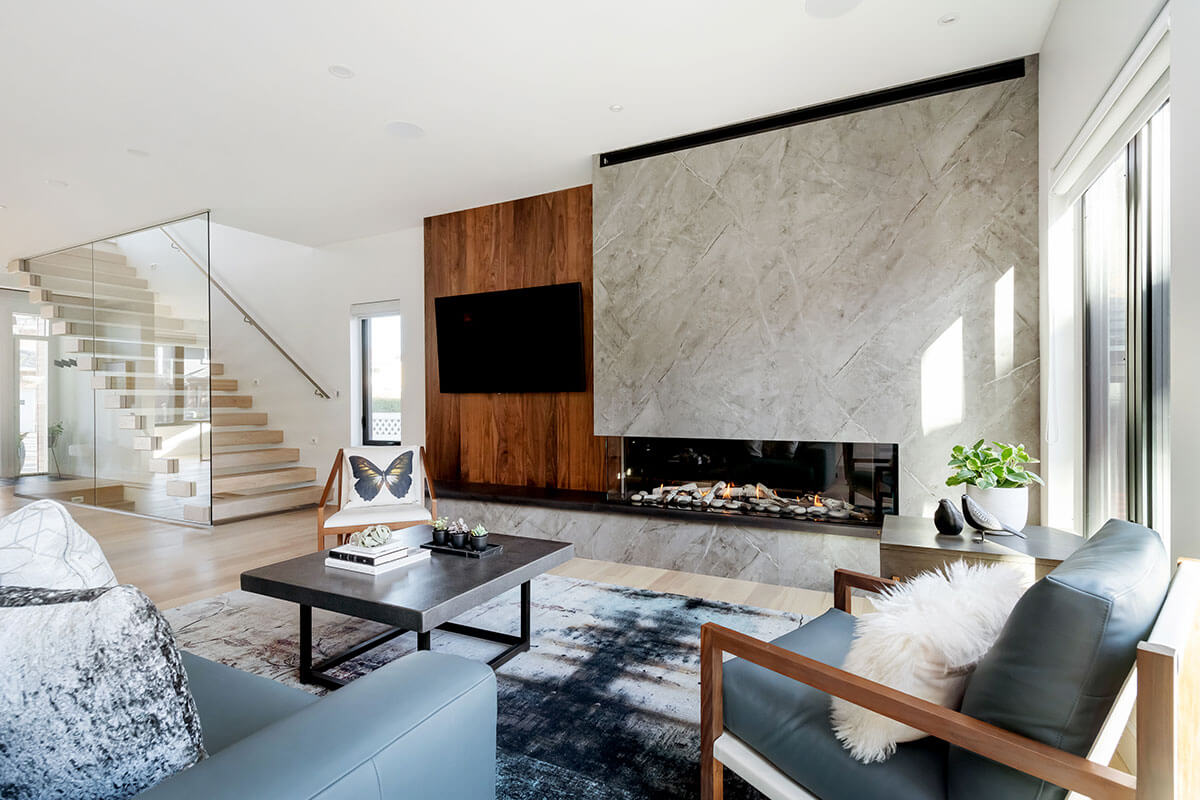 a living toom wtih fireplace and natural elements, part of the 2021 home renovation trends