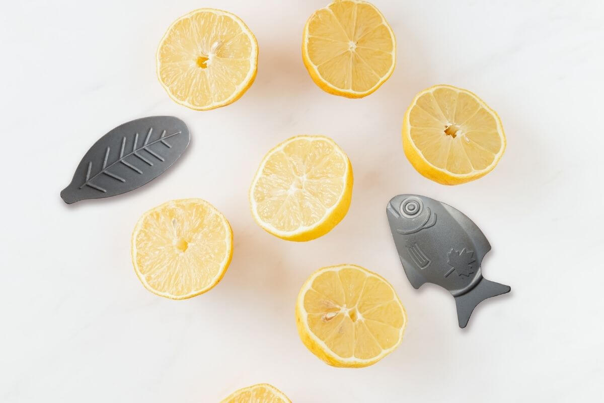 six sliced lemons arranged with a Lucky Iron Fish®, a tool to boost your iron intake