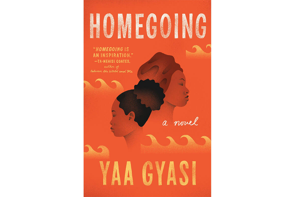 Orange and black book cover for fiction Homegoing, celebrating Black History Month