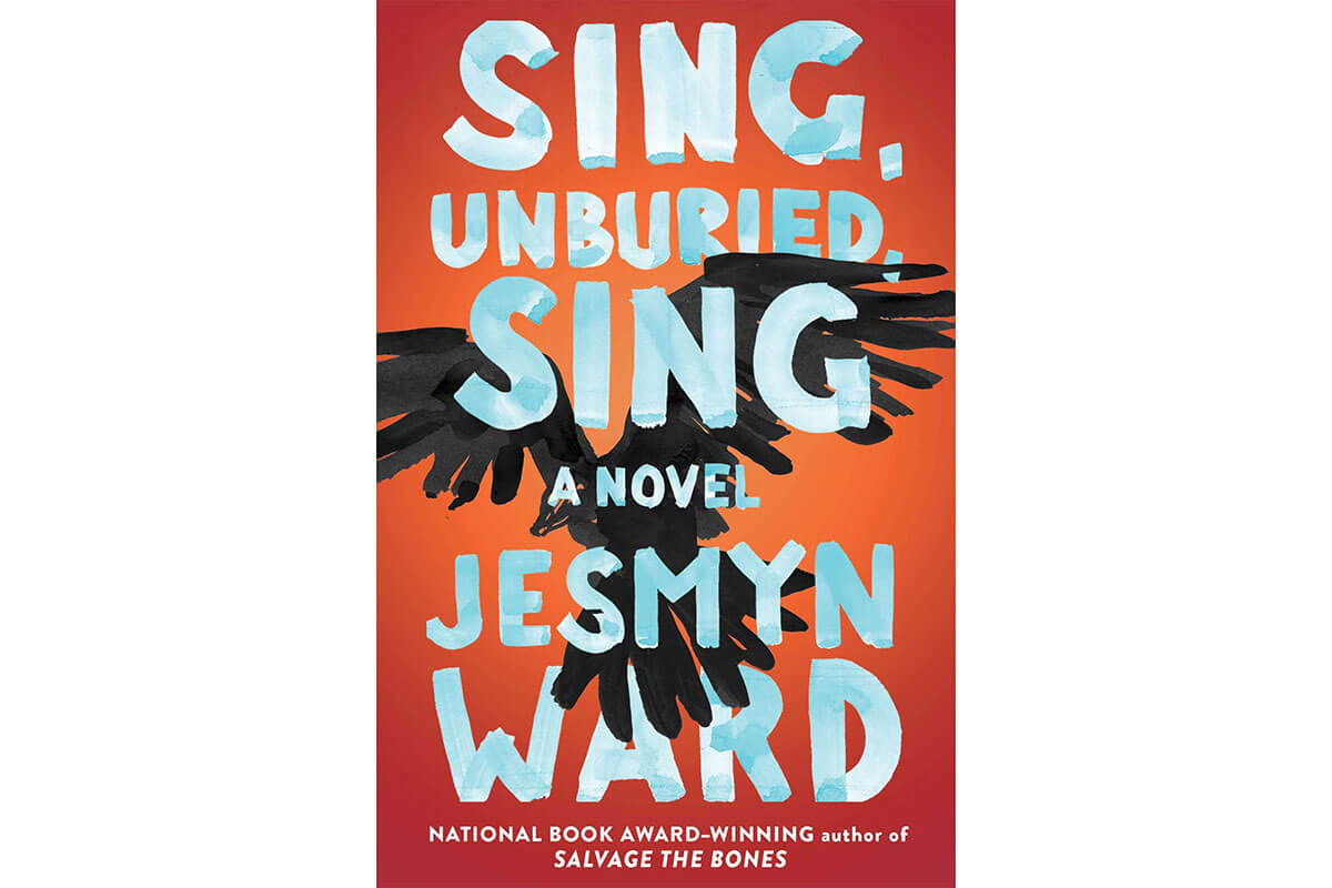 Book cover for Sing, Unburied, Sing, orange with a crow flying