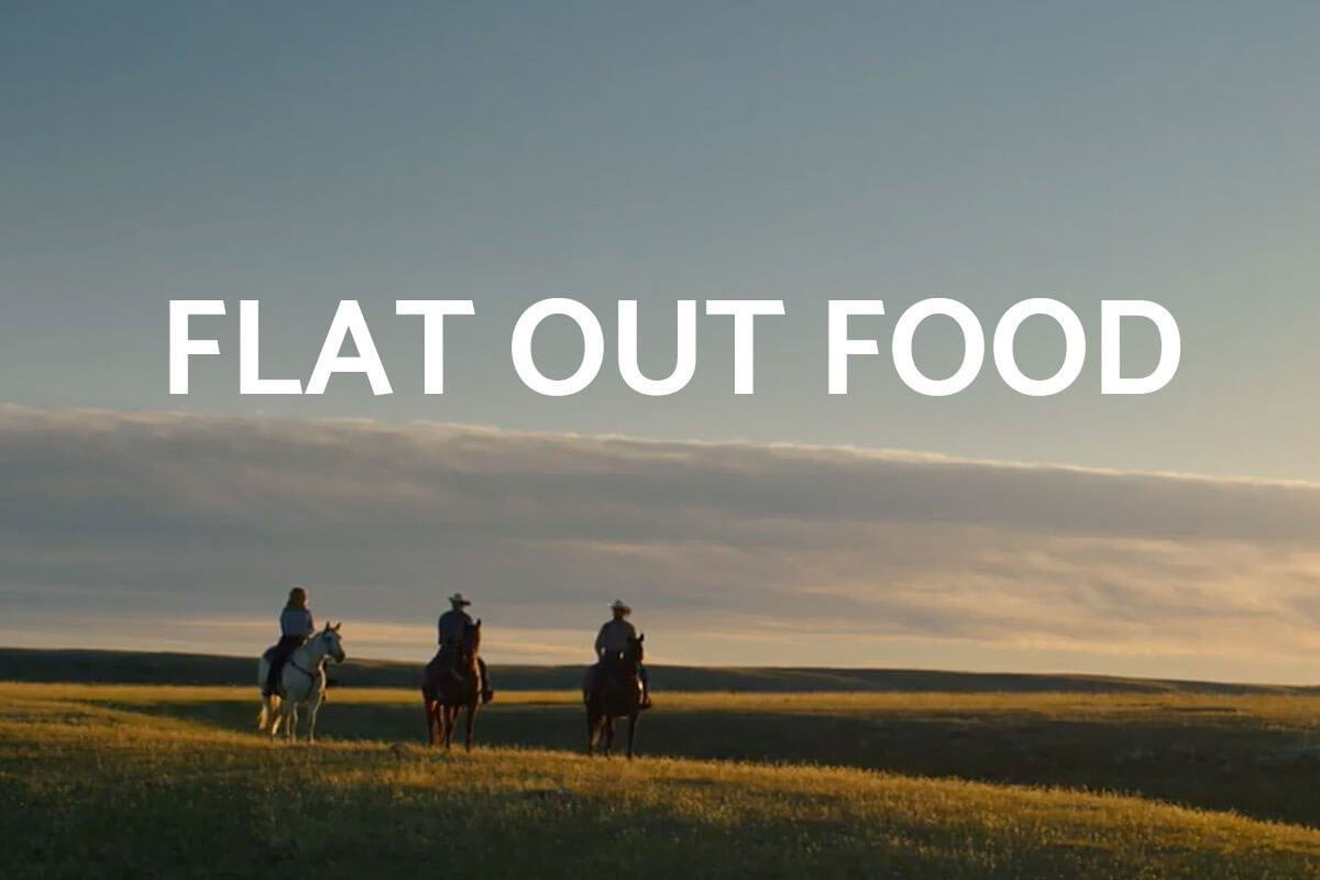 3 horseback riders on the open Saskatchewan prairie at sunset, cover for the Flat Out Food docuseries