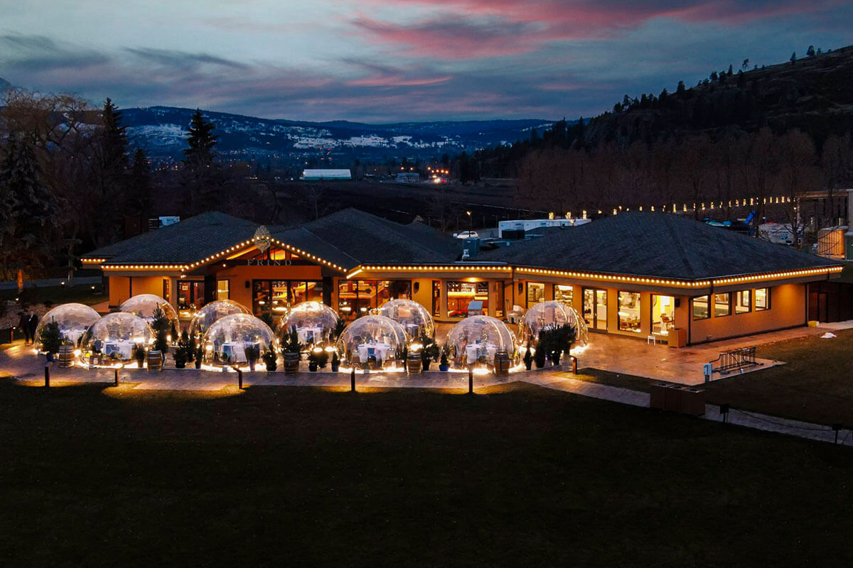 Outdoor COVID bubbles at Frind Winery at night, part of the food & wine in Kelowna