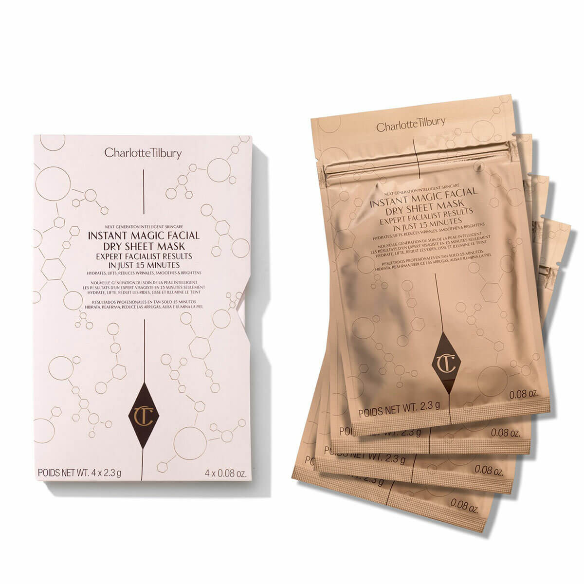 4 brown packs of The Charlotte Tilbury Instant Magic Facial Dry Sheet Mask, one of Holly Decker's favourite hydrating skin products, 