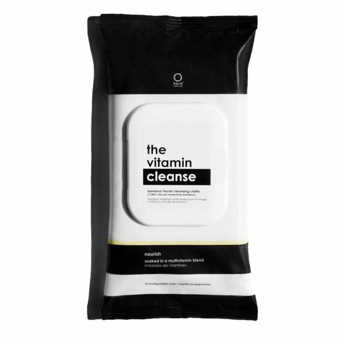 Black & white package of The Vitamin Cleanse bamboo facial wipes by Canadian company Kaia Naturals, popular among hydrating skin products 