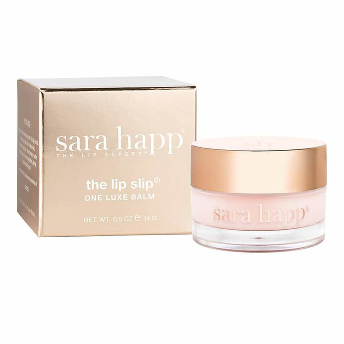 Rose gold lid on a glass jar of The Lip Slip® Balm by sara happ,  popular among hydrating skin products