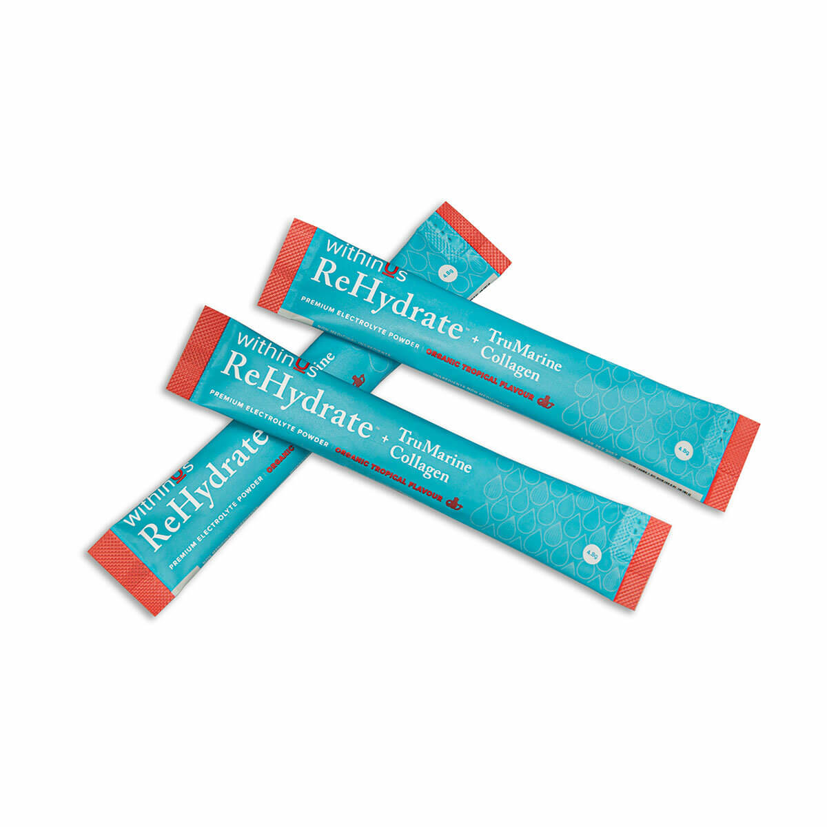 3 teal & orange packs of withinUs ReHydrate + Collagen powder, one of Holly Decker's favourite hydrating skin products