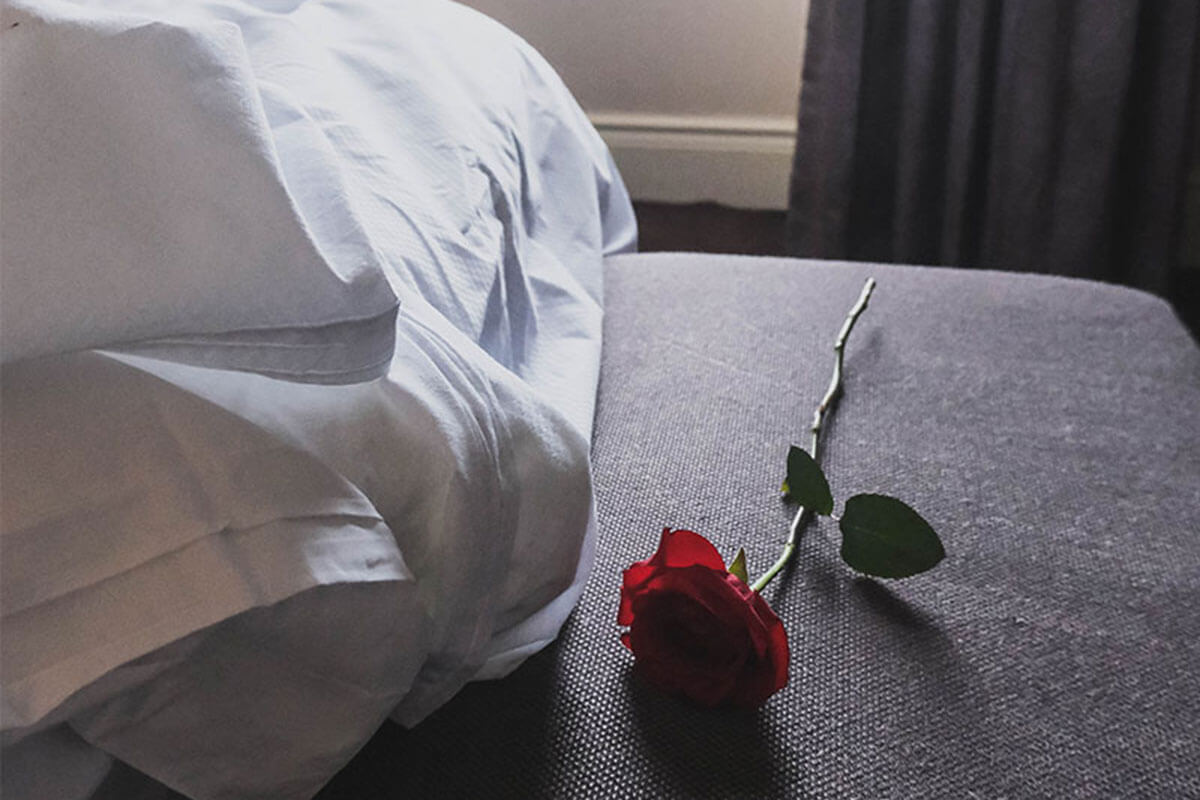 a rose laying beside a bed