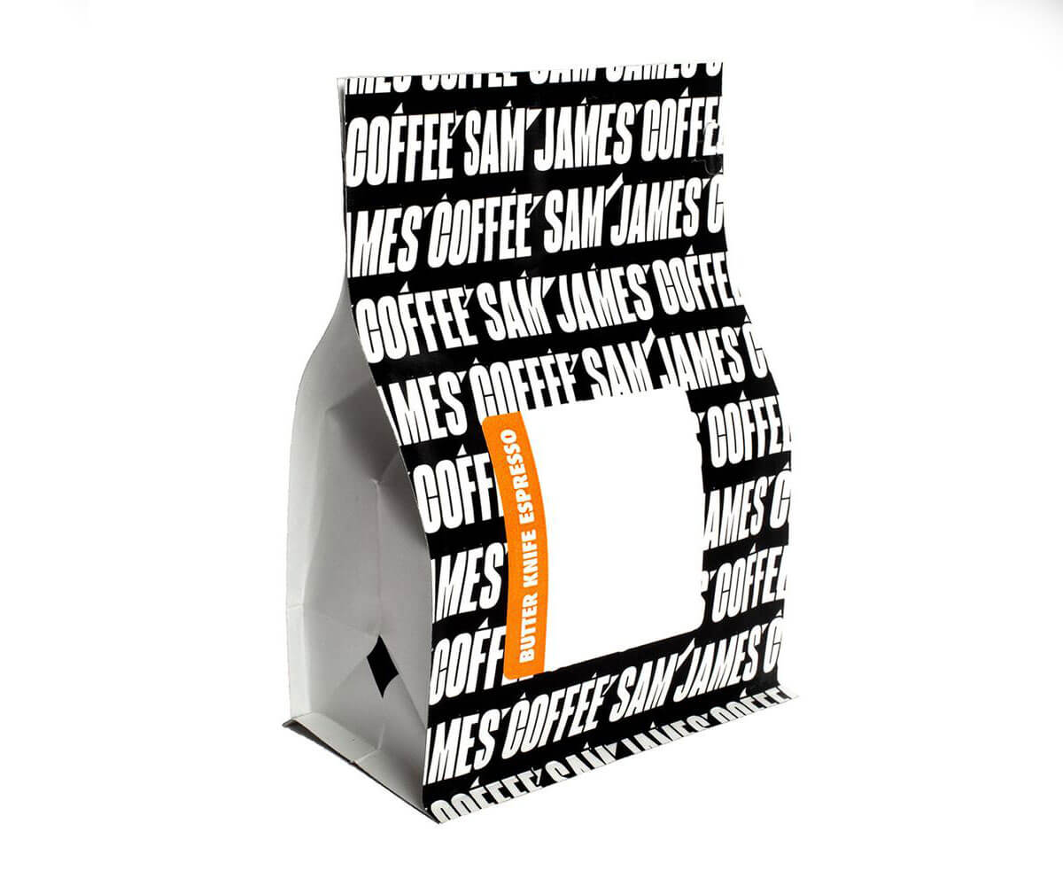 black, white and orange package of Sam James coffee, among the top 5 Toronto coffee roasters