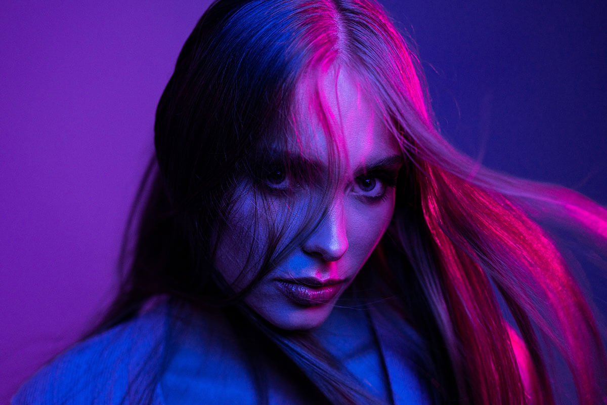 Magenta and blue were used in these coloured light mixing portraits of a model