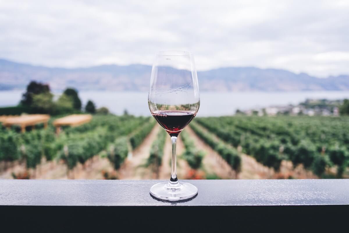 A glass of red wine on a shelf in an outdoor winery, taken while sampling Italian & French wines