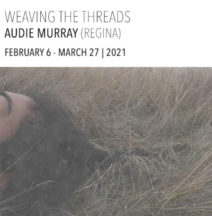 Weaving the Threads Exhibit poster,  top of a person's head in the grass, part of March Regina City Guide