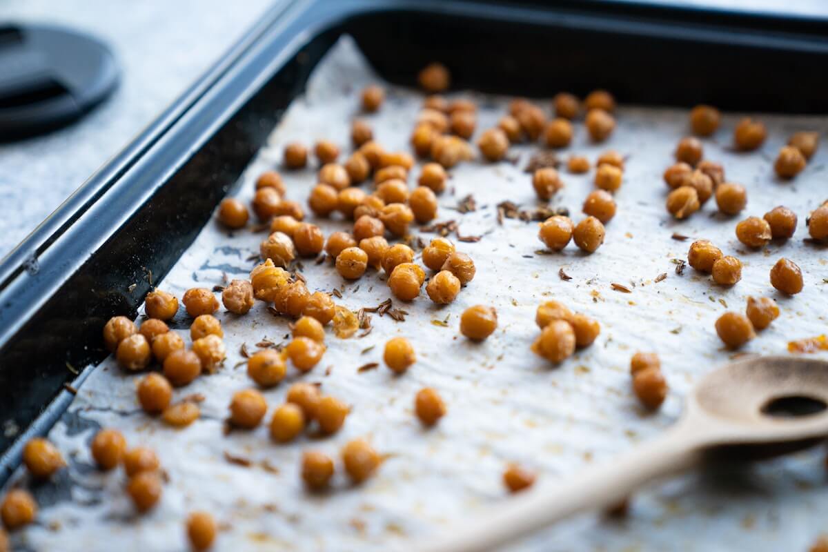 Roasted chickpeas on a baking pan, among the 10 trendiest pandemic recipes