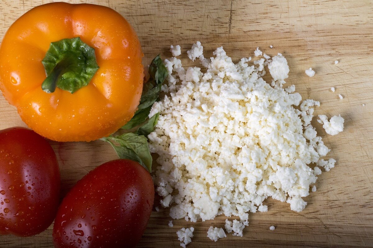 orange pepper, tomatoes, feta cheese for baked feta pasta recipe