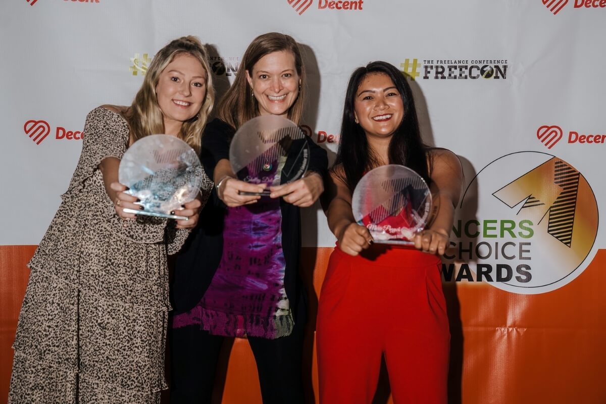 3 women holding their freelance awards, austin freelance gigs connects