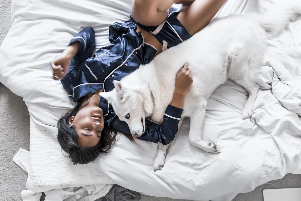 woman wearing silk sleepwear in bed laying beside white dog