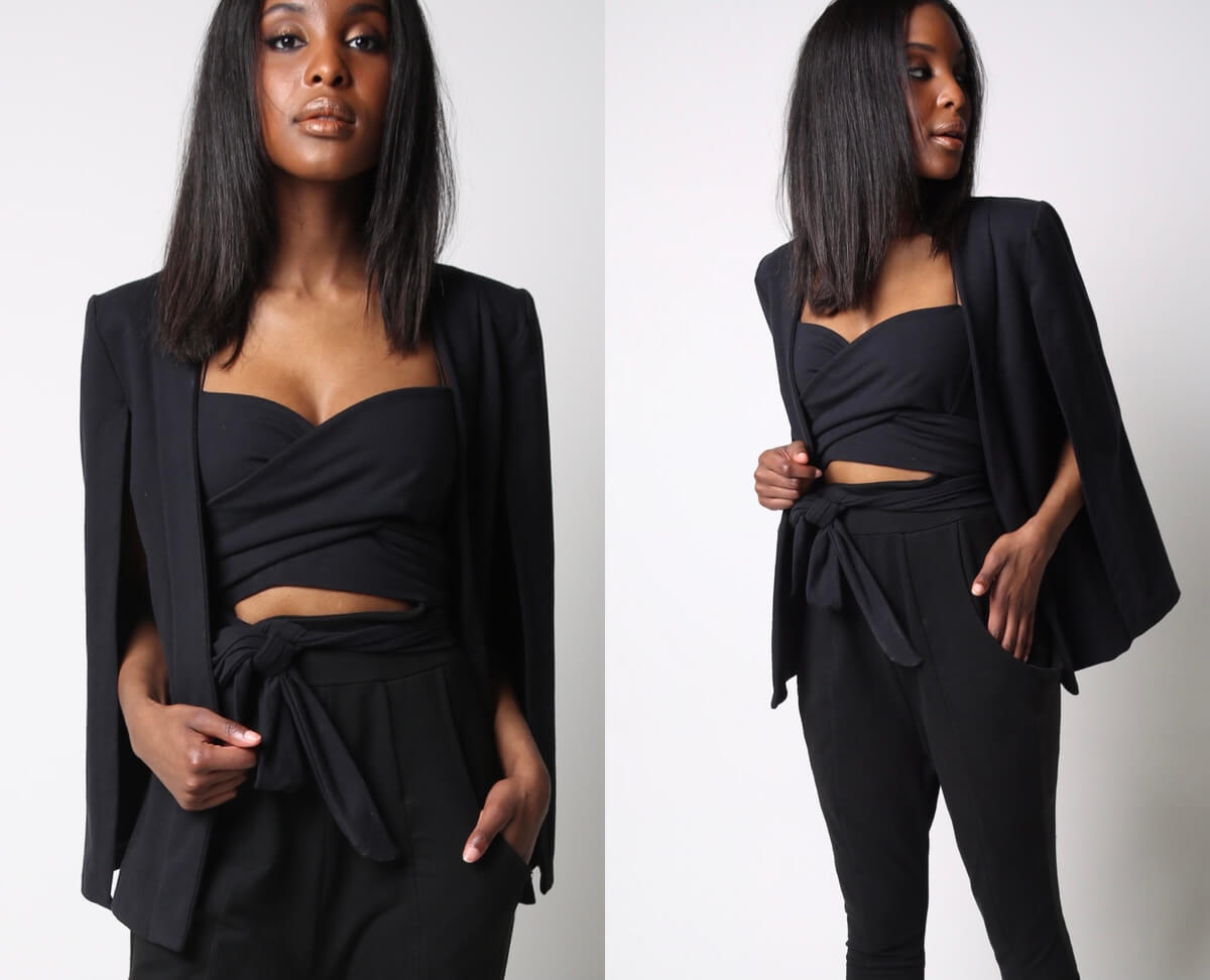 a model in a 3 piece black outfit from Stacey Martin Lifestyle Designs