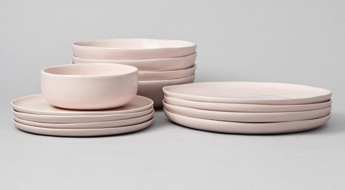 light pink ceramic dinnerware set with plates and bowls