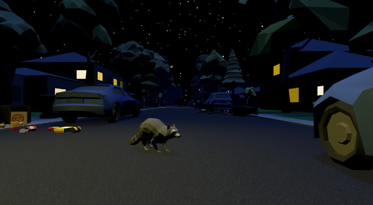 animated raccoon breaking into garbage in a video game