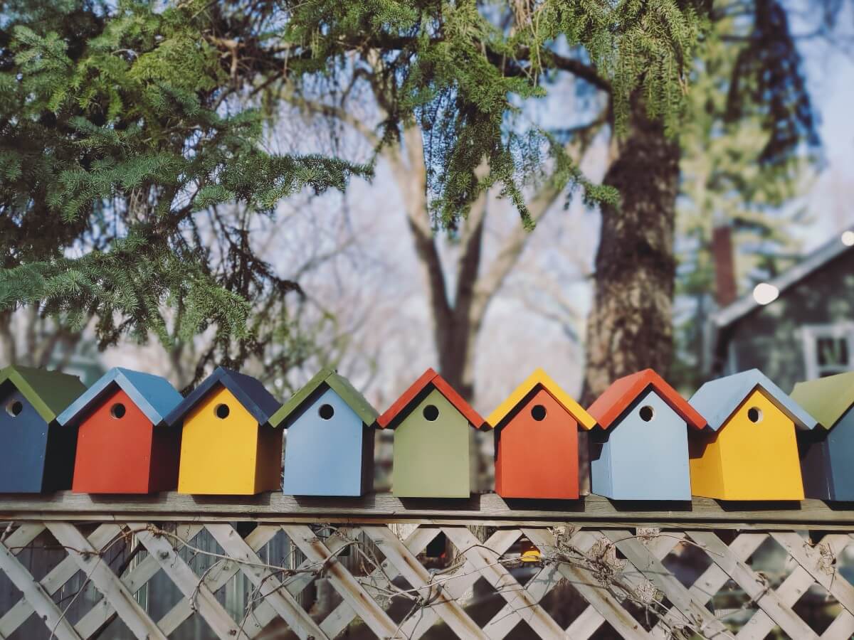 multi-coloured wooden birdhouses on a fence in Regina's Cathedral community