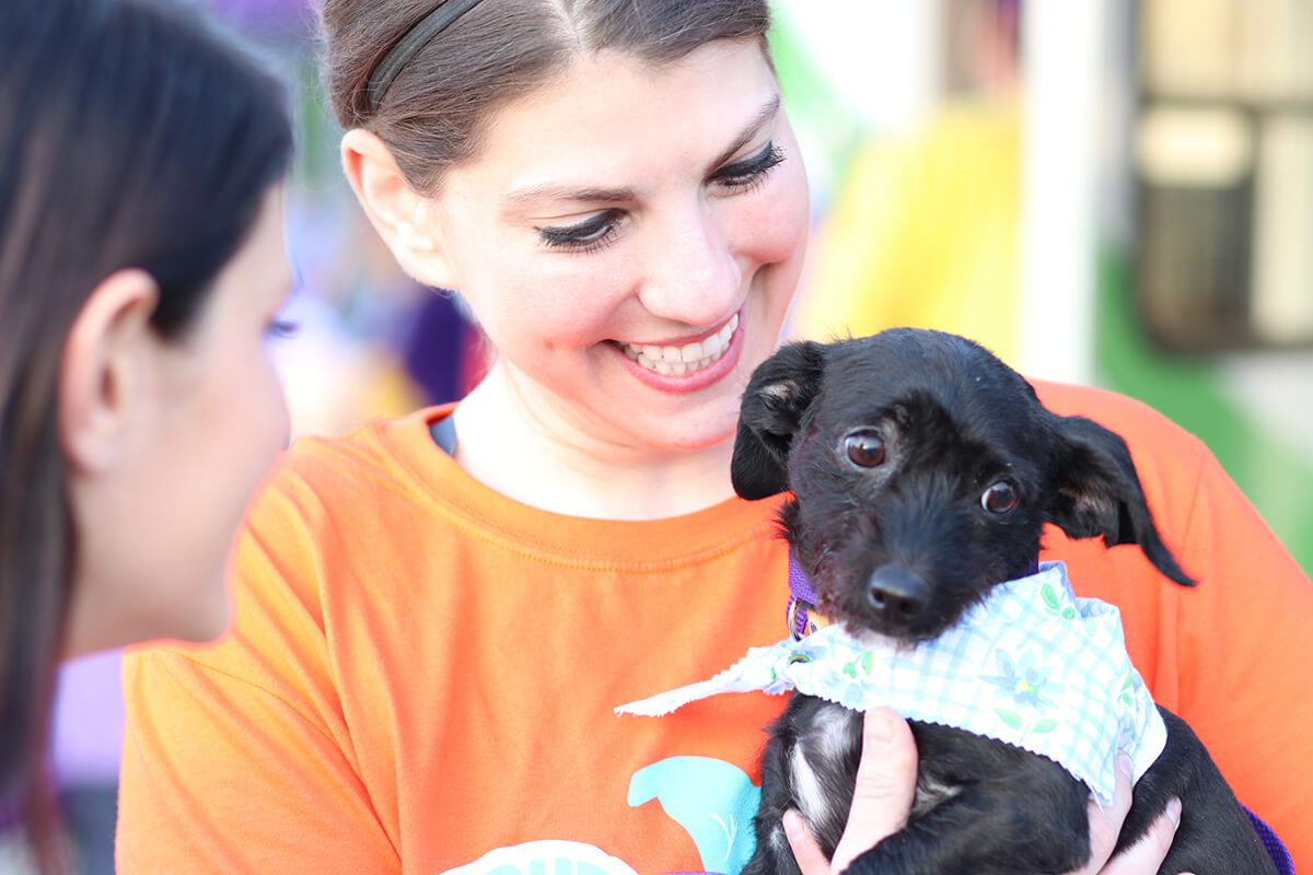 woman in orange shirt holding small black dog participating in the Strut Your Mutt event