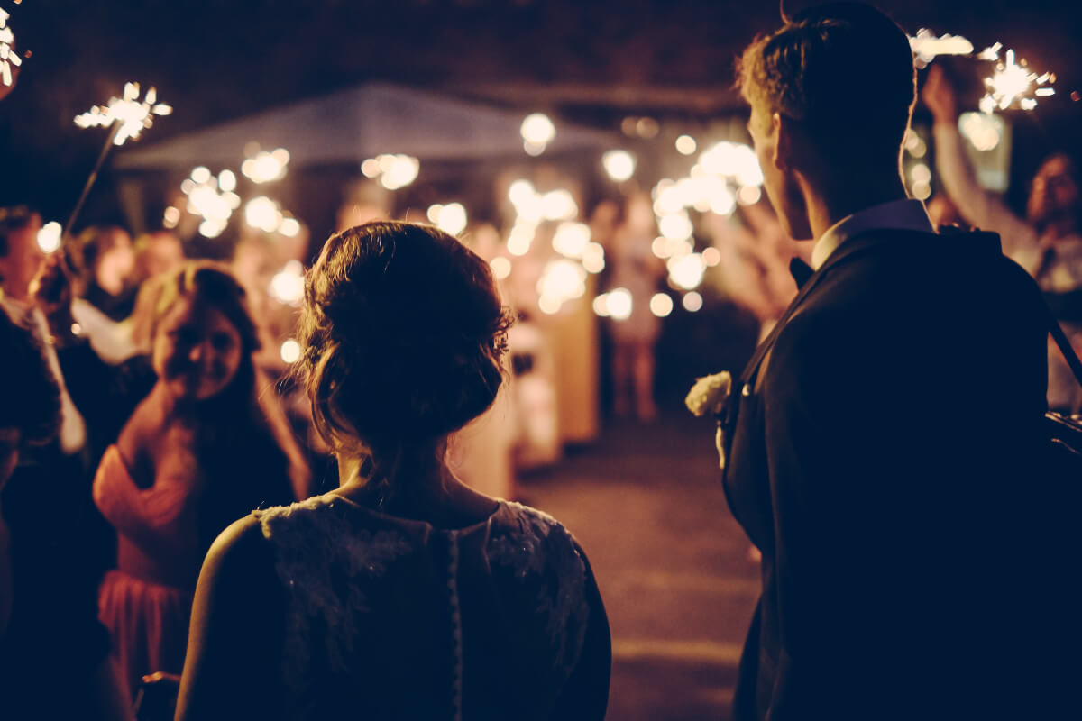 bride and groom an outdoor nighttime micro wedding