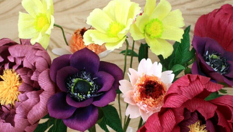 multicoloured pre-made paper flowers