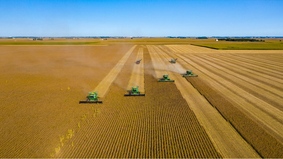 4 John Deere combines and 2 tractors harvesting a ripe drop 