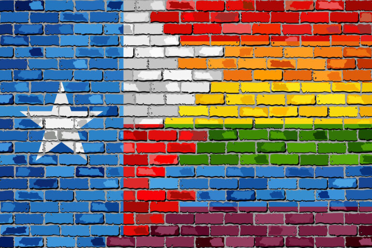 austin pride colours on texas flag painted on brick