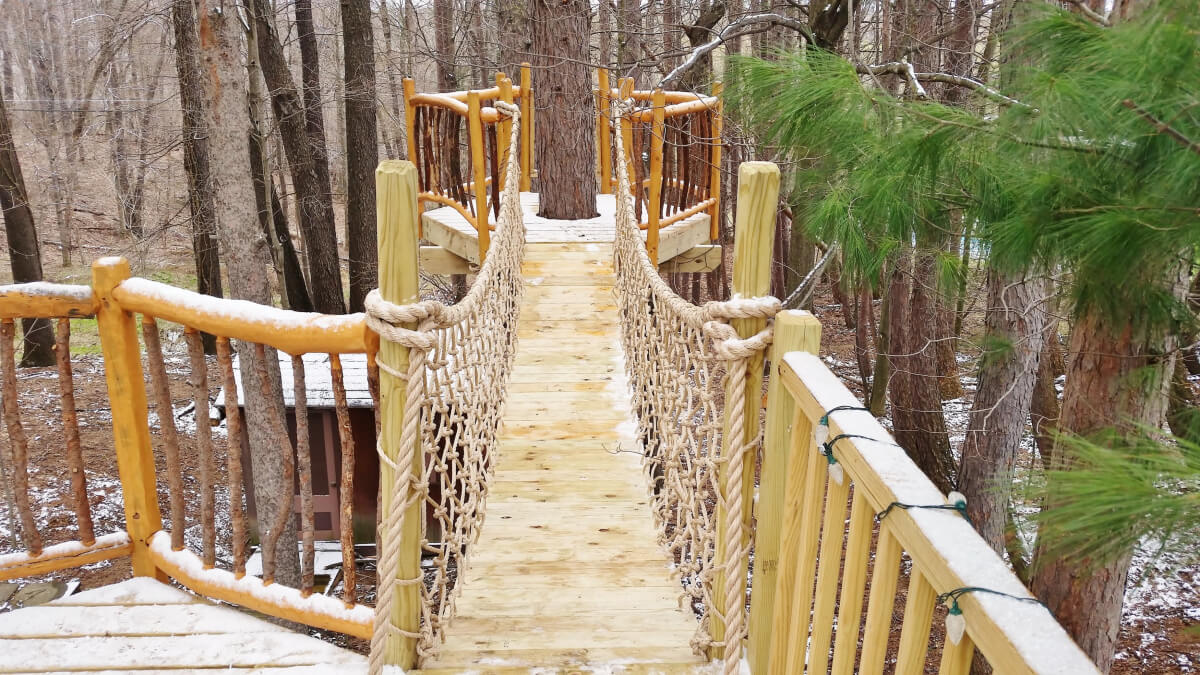 a suspended bridge outside a buffalo treehouse