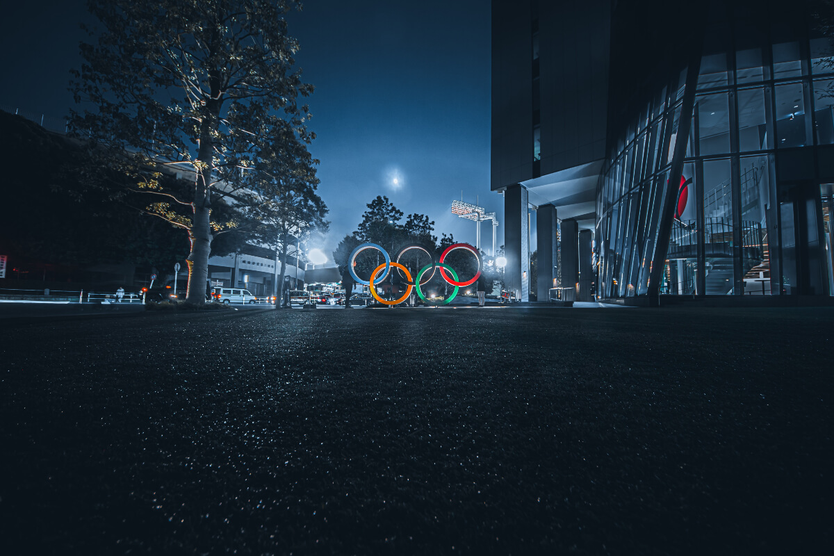 The Tokyo Olympic rings lit up at night