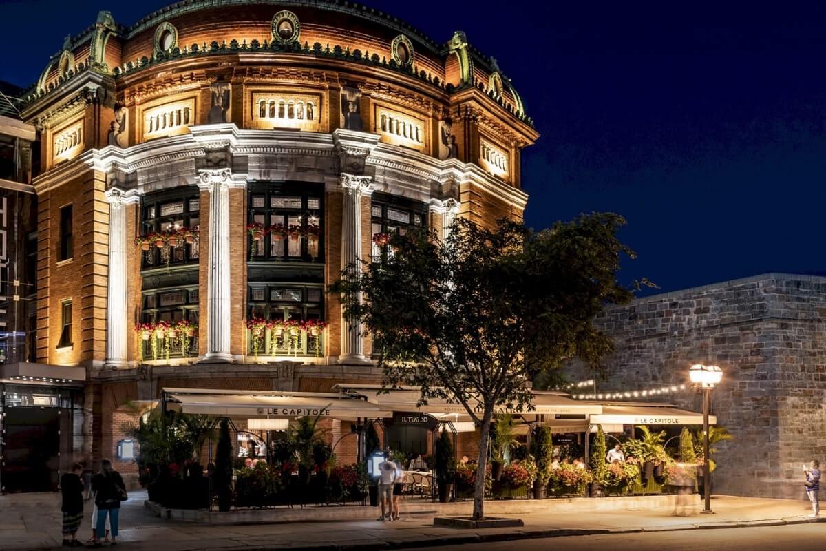 Brightly lit Le Capitole Hotel in Quebec City