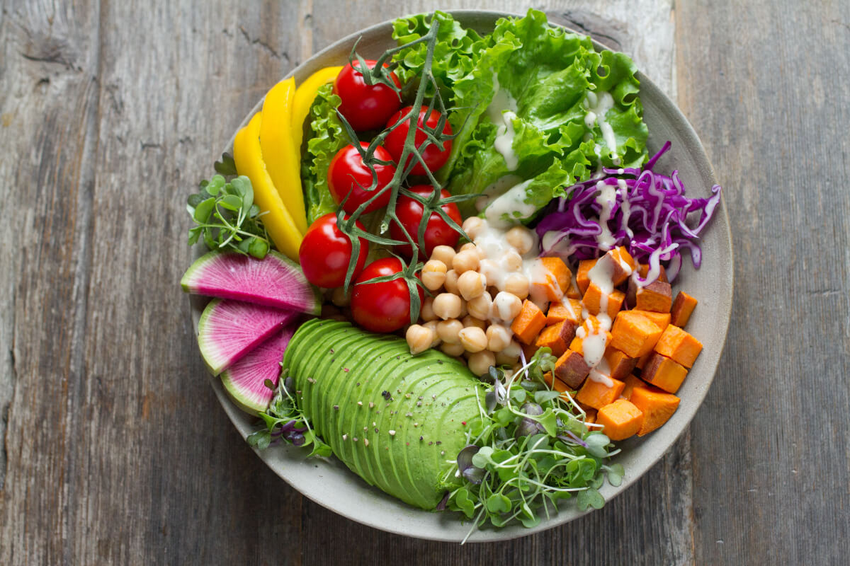 colourful bowl of fruit, vegetables and chickpeas