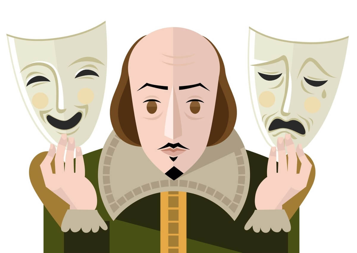 animated shakespeare holding happy and sad masks for shakepeare on the saskatchewan 2021