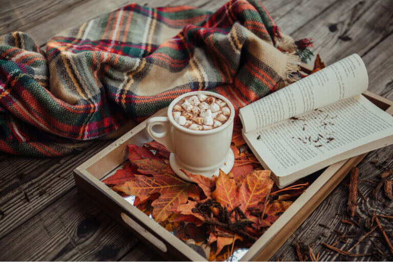 Hot chocolate, an open book, fallen leaves, and a plaid blanket