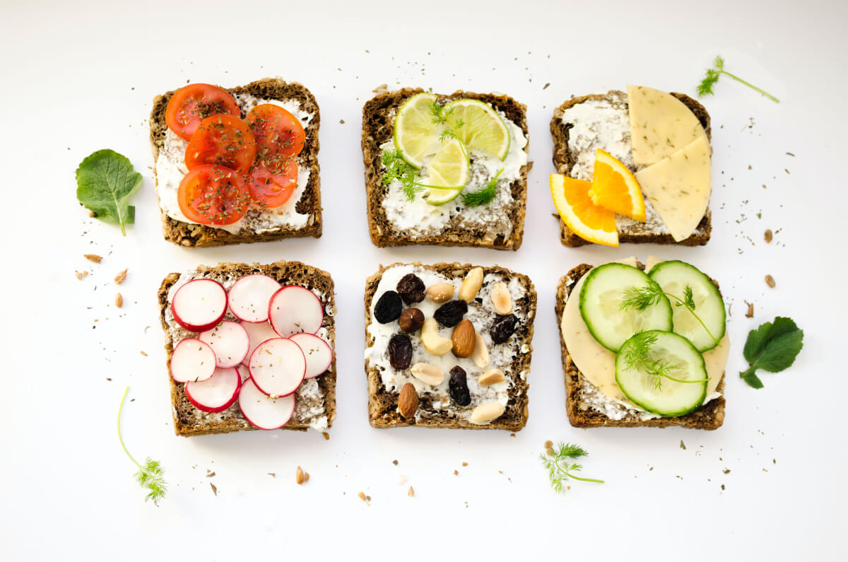 six pieces of bread with healthy toppings