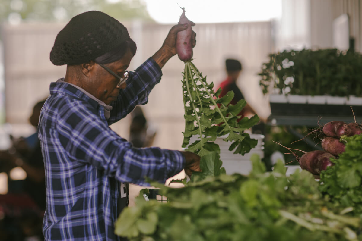 At Bonton Farms, an organization in a food desert, a woman sorts fresh produce.
