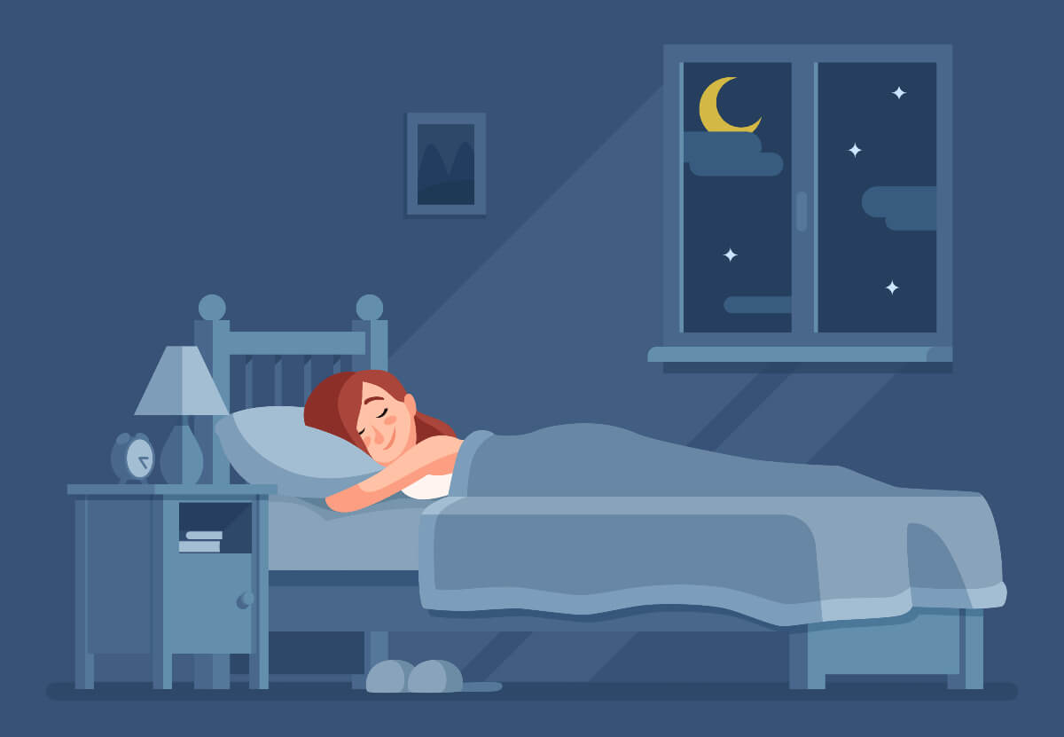 Graphic of person with a smile on their face, getting a good night's sleep, one way to recover from work burnout. 