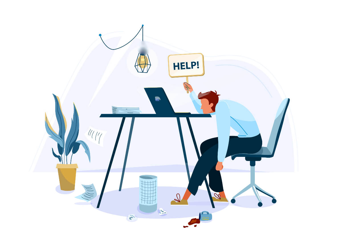 Graphic of person suffering from work burnout resting their head on their desk, holding a "Help" sign. 
