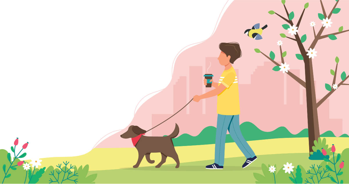 Graphic of a person walking their dog through the park with a coffee in hand, taking steps to recover from burnout. 