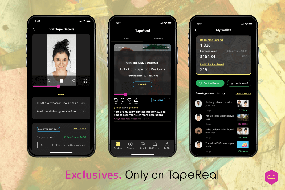 This graphic shows how a user will see exclusive content on TapeReal via their mobile device. 