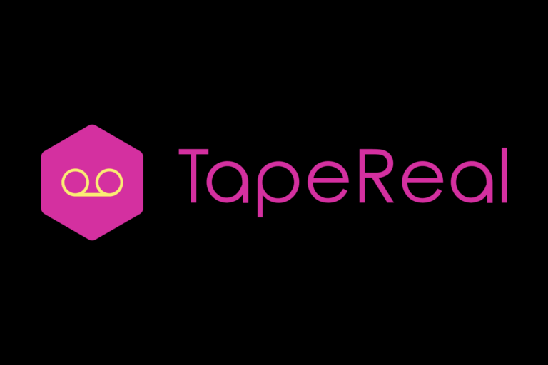 Pink TapeReal logo on a black background